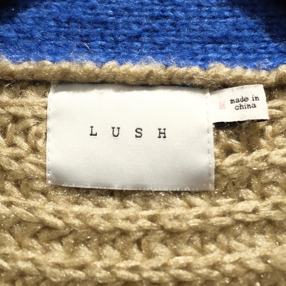 Lush Chunky Knit V-Neck Cardigan Size M Tan Blue Colorblock Buttons - Picture 5 of 6
